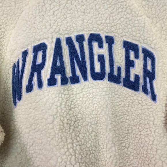 Wrangler Womens Sherpa Bomber Jacket Cream Blue Logo Varsity Size Small - Picture 7 of 9